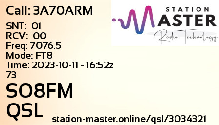 QSL Card for SO8FM QSO with 3A70ARM