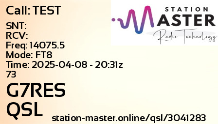 QSL Card for G7RES QSO with TEST