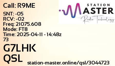 QSL Card for G7LHK QSO with R9ME