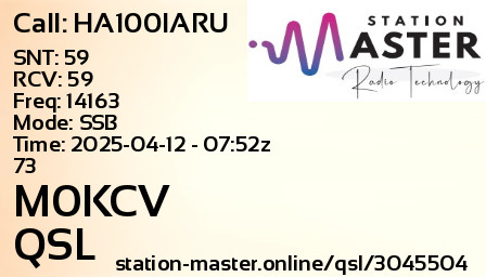 QSL Card for M0KCV QSO with HA100IARU