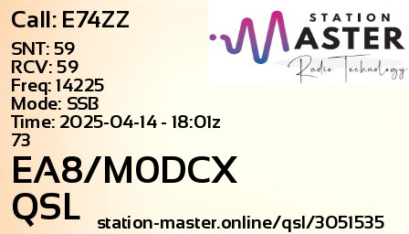 QSL Card for EA8/M0DCX QSO with E74ZZ