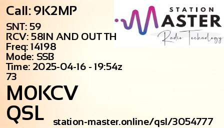 QSL Card for M0KCV QSO with 9K2MP