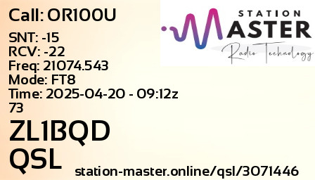 QSL Card for ZL1BQD QSO with OR100U