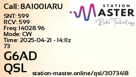 QSL Card for G6AD QSO with 8A100IARU