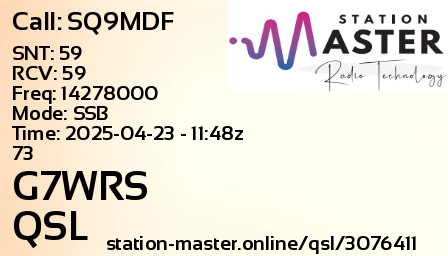 QSL Card for G7WRS QSO with SQ9MDF