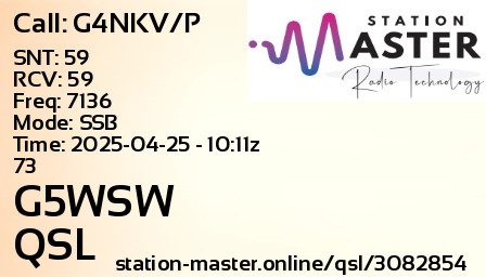 QSL Card for G5WSW QSO with G4NKV/P