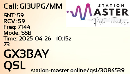QSL Card for GX3BAY QSO with GI3UPG/MM