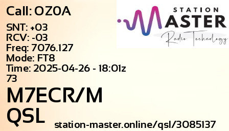 QSL Card for M7ECR/M QSO with OZ0A