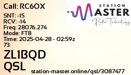 QSL Card for ZL1BQD QSO with RC6OX