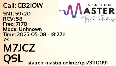 QSL Card for M7JCZ QSO with GB2IOW