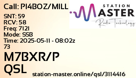 QSL Card for M7BXR/P QSO with PI4BOZ/MILL