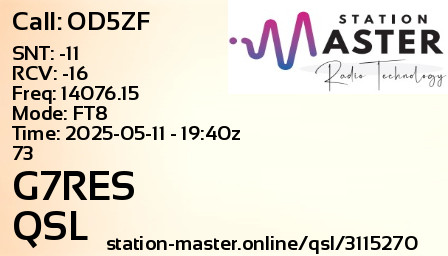 QSL Card for G7RES QSO with OD5ZF