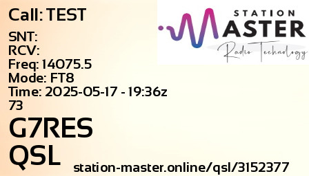 QSL Card for G7RES QSO with TEST