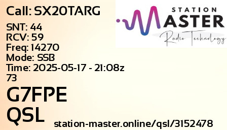QSL Card for G7FPE QSO with SX20TARG