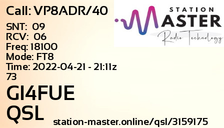 QSL Card for GI4FUE QSO with VP8ADR/40