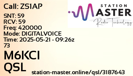 QSL Card for M6KCI QSO with ZS1AP