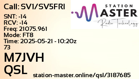 QSL Card for M7JVH QSO with SV1/SV5FRI