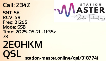 QSL Card for 2E0HKM QSO with Z34Z