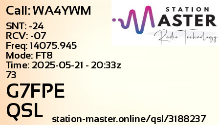 QSL Card for G7FPE QSO with WA4YWM