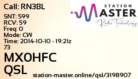 QSL Card for MX0HFC QSO with RN3BL