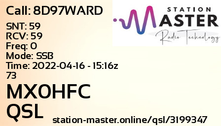 QSL Card for MX0HFC QSO with 8D97WARD