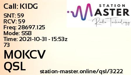 QSL Card for M0KCV QSO with K1DG