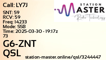 QSL Card for G6-ZNT QSO with LY7J