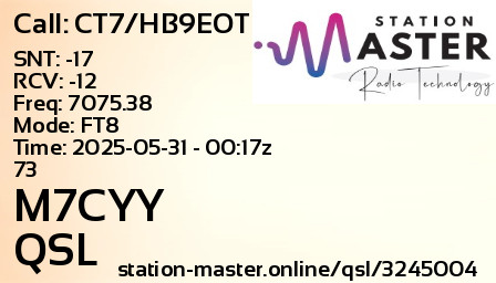 QSL Card for M7CYY QSO with CT7/HB9EOT