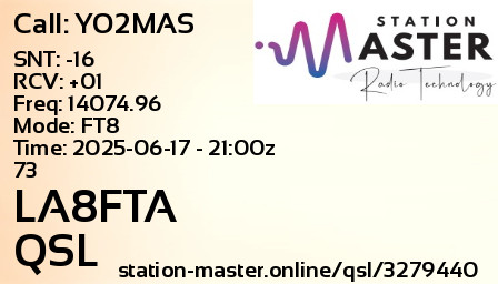 QSL Card for LA8FTA QSO with YO2MAS
