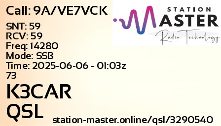 QSL Card for K3CAR QSO with 9A/VE7VCK