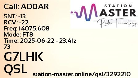 QSL Card for G7LHK QSO with AD0AR