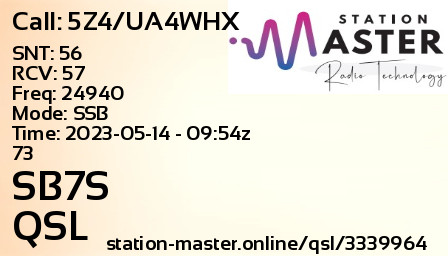 QSL Card for SB7S QSO with 5Z4/UA4WHX