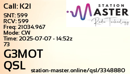 QSL Card for G3MOT QSO with K2I