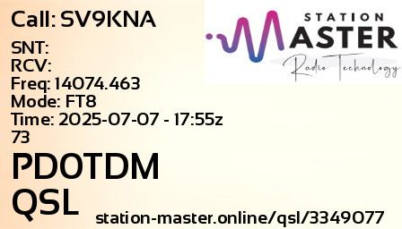 QSL Card for PD0TDM QSO with SV9KNA