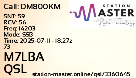 QSL Card for M7LBA QSO with DM800KM