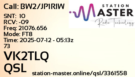 QSL Card for VK2TLQ QSO with BW2/JP1RIW