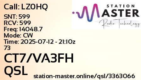 QSL Card for CT7/VA3FH QSO with LZ0HQ