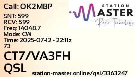QSL Card for CT7/VA3FH QSO with OK2MBP