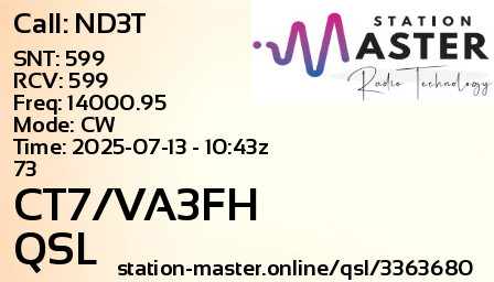 QSL Card for CT7/VA3FH QSO with ND3T