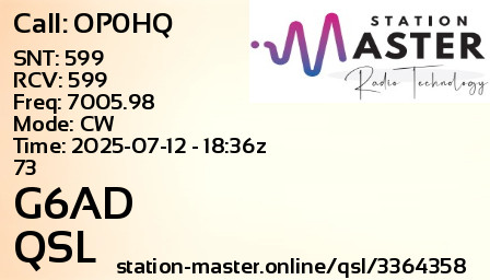 QSL Card for G6AD QSO with OP0HQ