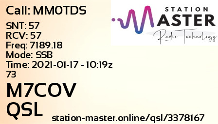 QSL Card for M7COV QSO with MM0TDS