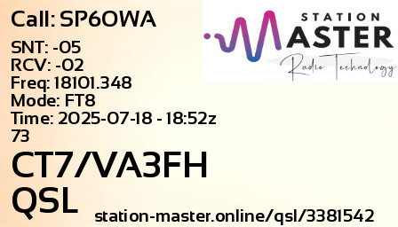 QSL Card for CT7/VA3FH QSO with SP6OWA