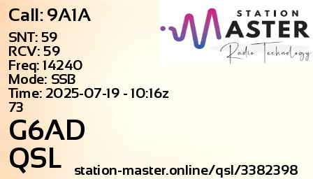 QSL Card for G6AD QSO with 9A1A