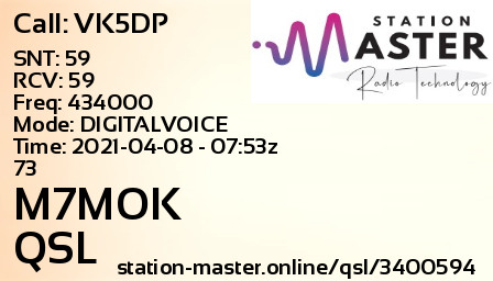 QSL Card for M7MOK QSO with VK5DP