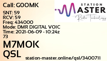 QSL Card for M7MOK QSO with G0OMK
