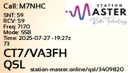 QSL Card for CT7/VA3FH QSO with M7NHC
