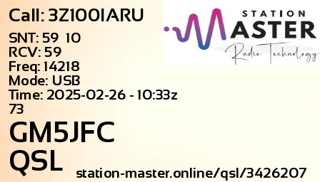 QSL Card for GM5JFC QSO with 3Z100IARU