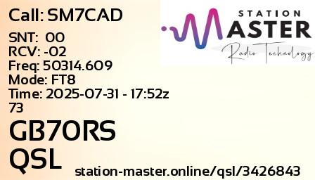 QSL Card for GB70RS QSO with SM7CAD