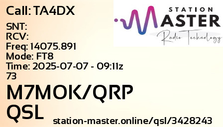 QSL Card for M7MOK/QRP QSO with TA4DX