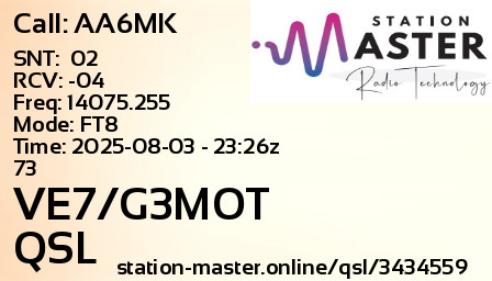 QSL Card for VE7/G3MOT QSO with AA6MK